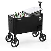 VINGLI 80 Quart Wagon Rolling Cooler Ice Chest, w/Long Handle and 10" Wheels, Portable Beach Patio Party Bar Cold Drink Beverage, Outdoor Park Cart on Wheels