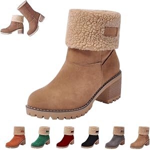 SQTGYRJU Winter Boots for Women 2026 Warm Fleece Lined Mid Calf Snow Boots Ankle Chunky Block Heels Comfortable Slip On Anti-