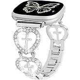 REALSIGN Bling Metal Bracelet Compatible with Fitbit Versa 4/Versa 3/Sense 2/Sense Band Women,Cross Band Love Heart Shape Watch Band Replacement Smartwatch Strap