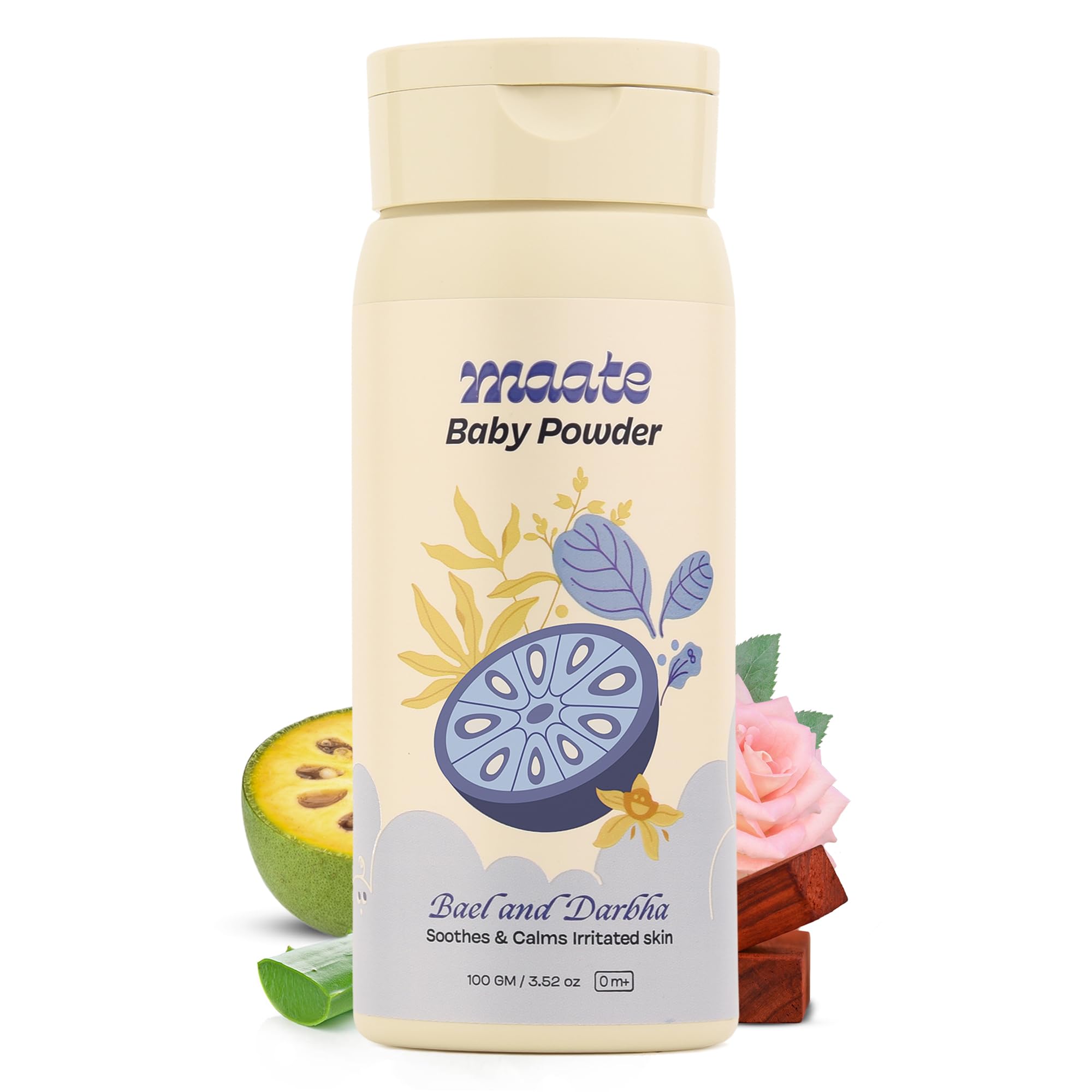 Maate Talc Free Natural & Ayurvedic Baby Powder | Soothes and Keeps Your Baby's Skin Calm | Enriched with Bael Fruit, Red Sandal and Darbha | 100% Natural, Non-Irritant and Safe (100 gm)