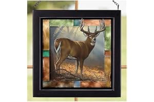 Wild Wings “In His Prime – Whitetail Deer” Stained Glass Art by Rosemary Millette – 9" x 9" Wildlife Window Panel with Black Frame, Ready to Hang, Made in USA