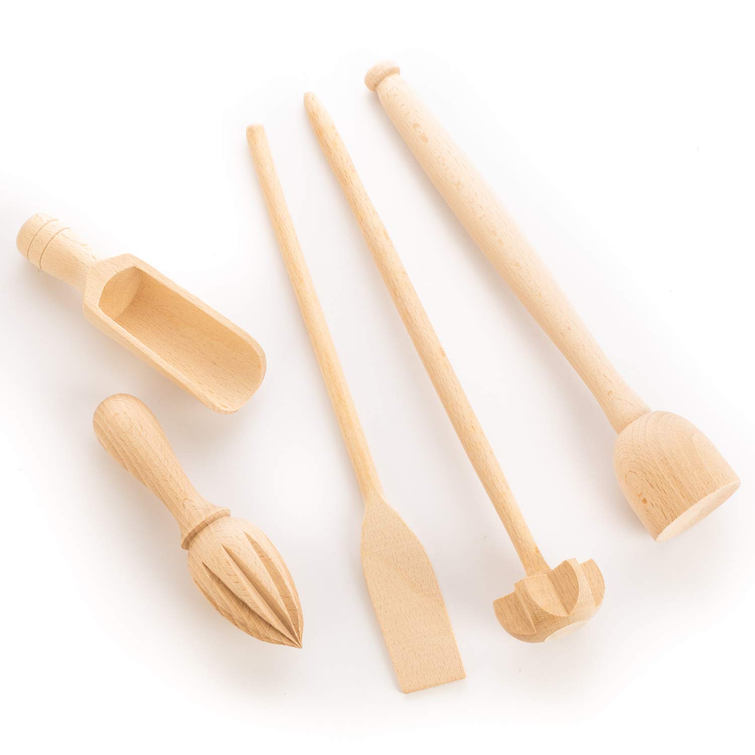 tuuli Kitchen Utensil Set Kitchen Cooking Beech Wood (Whisk, Spatula, Spice Spoon, Potato Masher, Lemon Squeezer)