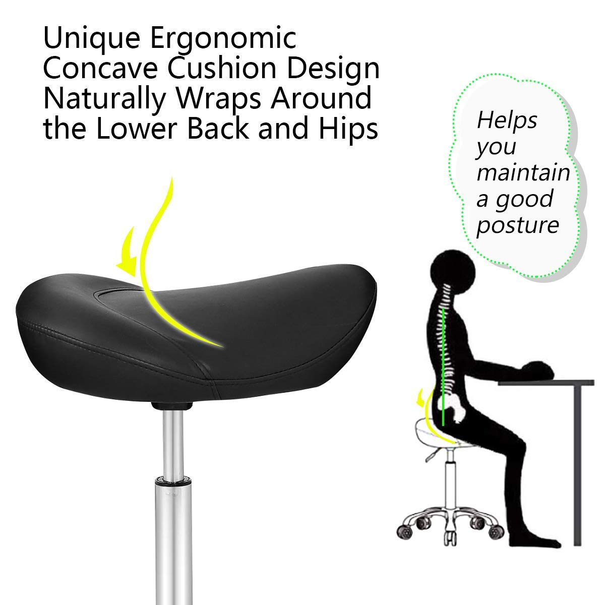 Saddle Stool Chair for Dental Salon Massage Hair Cutting, Esthetician Adjustable Rolling Hydraulic Saddle Seat Stool with Wheels (Black): Beauty