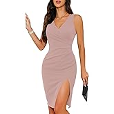 oten 2025 Women's Sexy V Neck Sleeveless Faux Wrap Sheath Side Slit Ruched Bodycon Cocktail Party Dress
