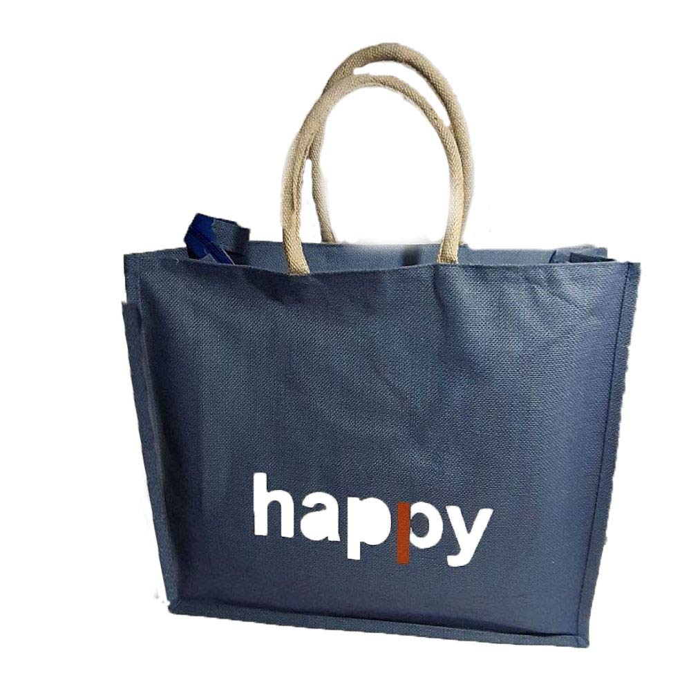 Rang TeqRang Teq Happy Printed Zipper Closure Jute Carry Bag with Handle for Shopping Grocery Vegetable (20 x 5.5 x 17inch)