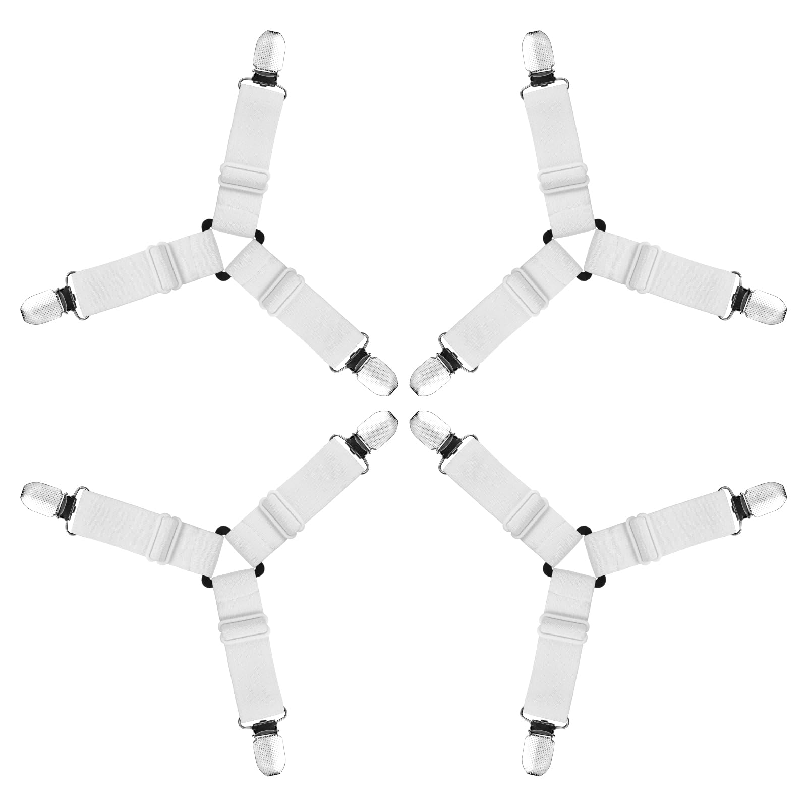 AUAUY 4 PCS Bed Sheet Clips, Adjustable Bed Sheet Straps with Clips, Mattress Fasteners to Hold Sheets in Place, Elastic Bed Sheet Holder Corner Straps for Bedding, Sofa Cushion-White, 3 Clips