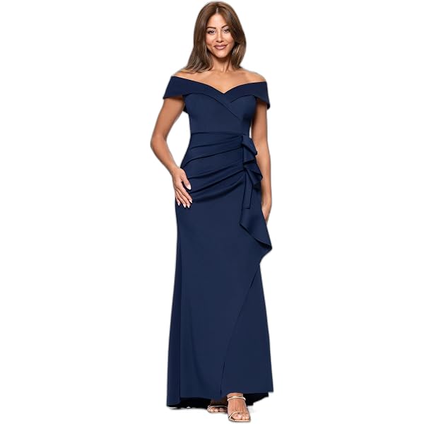 xscape blue beaded dress Xscape Women's Short Sleeve Beaded Illusion Neckline Ruched Gown, Navy, 6 at Amazon Women's Clothing store