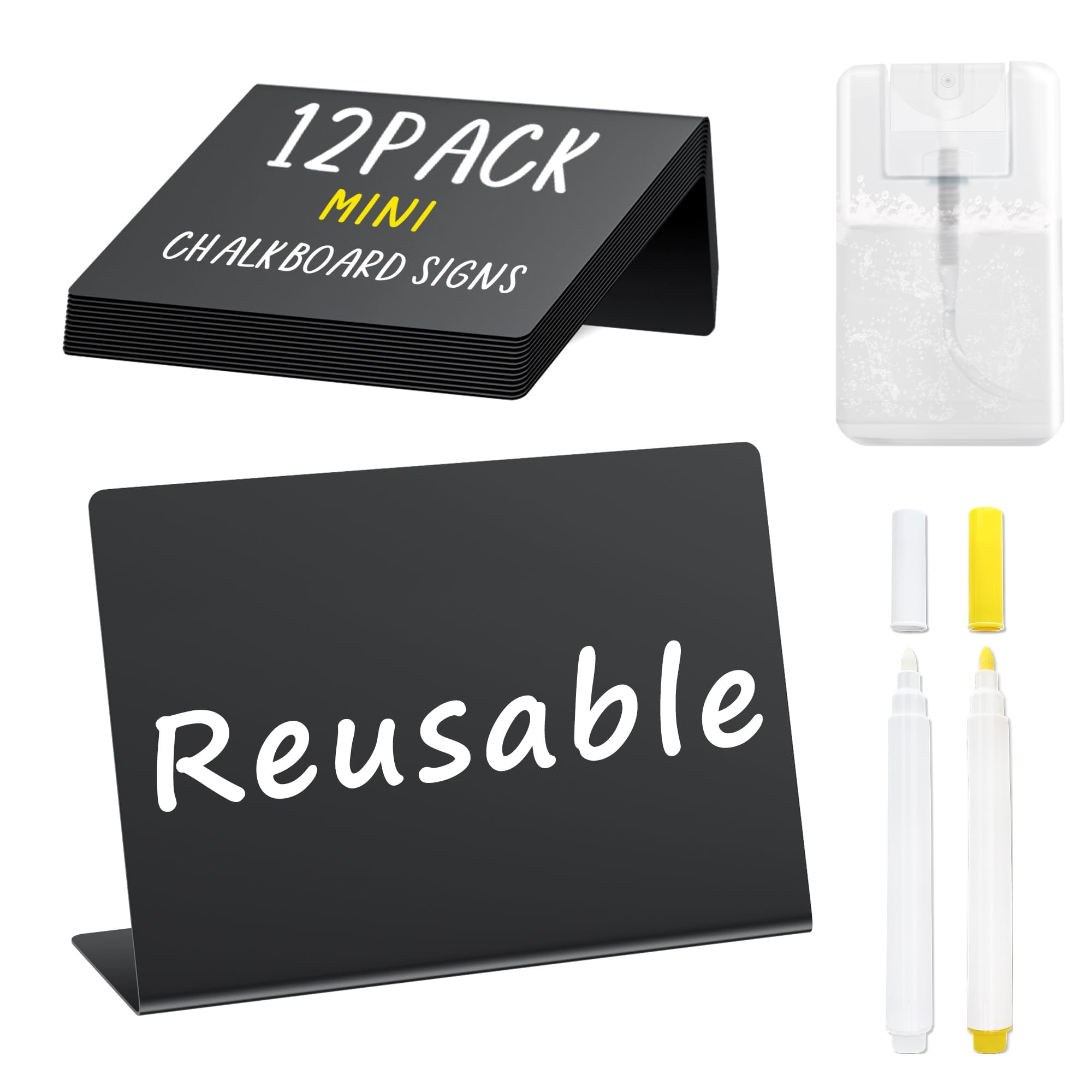 Photo 1 of PigPotParty 12 Pcs Food Labels for Party Buffet w/Cleaning Spray, 4"x3" Mini Chalkboard Signs for Food Display, Table Place Cards - Name Tags- Small Chalk Board Signs, w/ 2 Markers