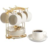 YOLIFE 4 OZ Porcelain Espresso Cups Set with Saucers and Foldable Stand | Espresso Cups with Gold Metal Storage Rack and Espresso Spoons Set of 6 - White