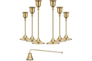 GETSHADY Gold Candleholders for Taper Candlesticks Plus Candle Snuffer – Dining Table Décor Centrepiece - Brass Candelabra Candlestick Holder - Gold Décor for Home Weddings Celebrations Events (Set of 6 Pcs)