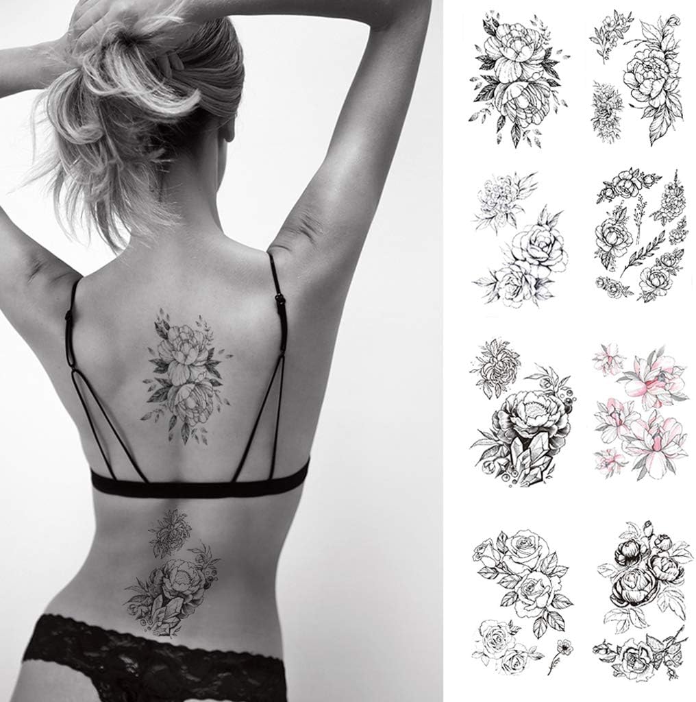 CARGEN8 Sheets Black Rose Tattoo Flowers Tattoo Stickers Sexy Tattoos for Women Waterproof Fake Body Stickers