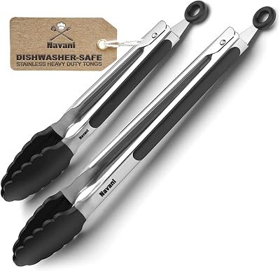 Navani Kitchen Tongs 9 & 12 Inch Silicone Tip Non Stick 2pcs Black