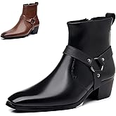 OXNEUHG Men's Leather Chunky Heel Dress Chelsea Boots with Three Prong Buckle Fashion Classic Cap Toe Side Zipper High Heel High Top Formal Oxford Shoes Casual Business Wedding Chukka Booties