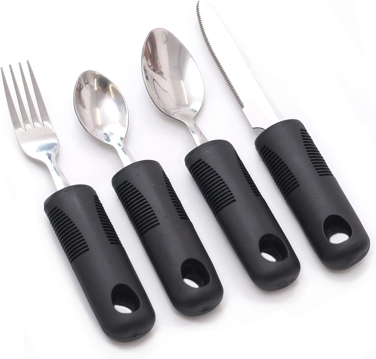 Homvare Adaptive Utensils (4-Piece Kitchen Set) Wide, Non-Weighted, Non-Slip Handles for Hand Tremors, Arthritis, Parkinson’s or Elderly Use - Stainless Steel Knife, Fork, Spoons: Home & Kitchen