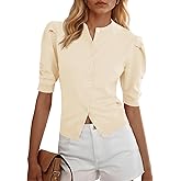 Saodimallsu Womens Puff Short Sleeve Cardigan Sweater Lightweight Knit Spring Summer Crew Neck Button Down Tops