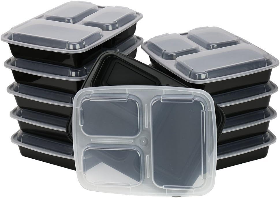 3 Compartment Microwavable Food Container Bento Box with Lid - Microwave Safe (12 Pack)