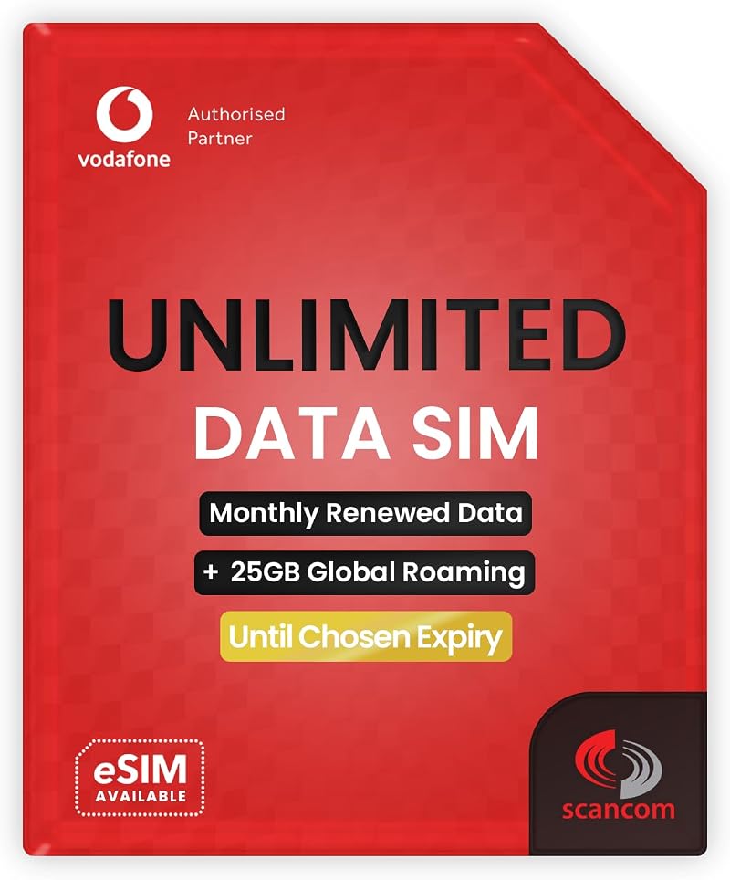 Scancom Vodafone Global Data SIM 25GB EU/USA Roaming 1 Month Unlimited UK Data
