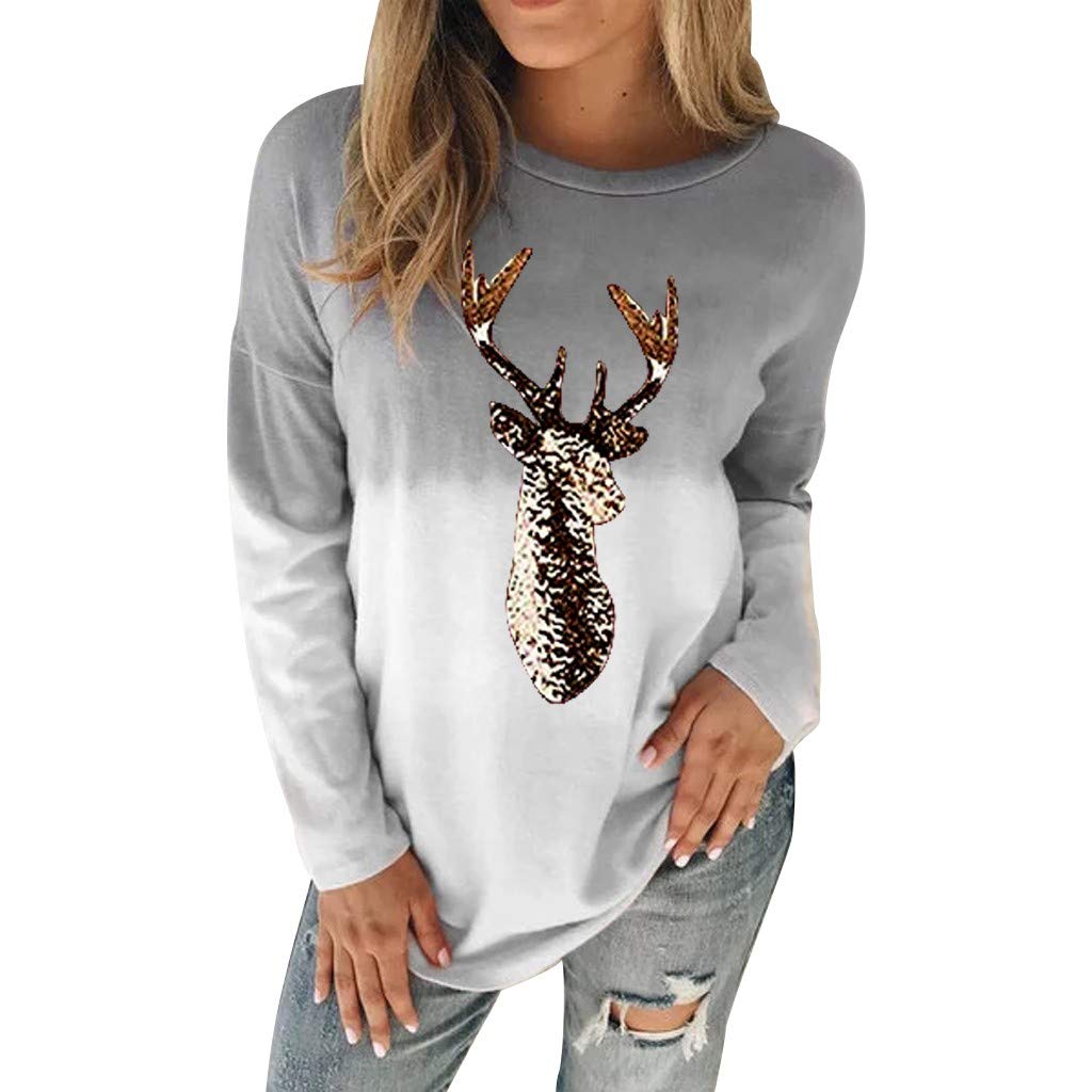 Womens Christmas Pullover Sweatshirts ESAILQ Ladies Plus Size Xmas Elk Print O Neck Jumpers Tops Tie-Dye Long Sleeve T Shirts Blouse