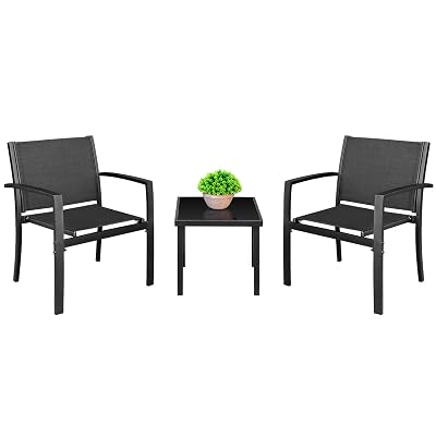 Homall 3 Pieces Patio Furniture Set Outdoor Patio Conversation Textilene Bistro Set Modern Porch Lawn Chairs with Coffee Table for Home and Balcony (Black)