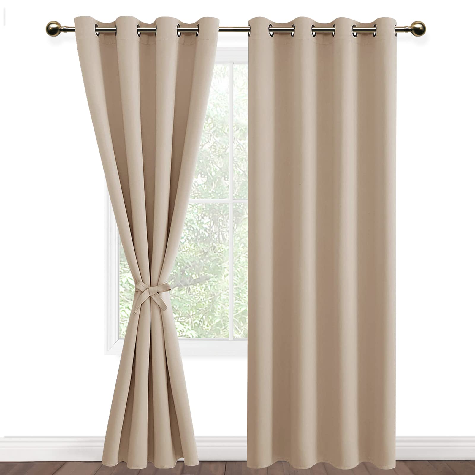 DWCN Beige Blackout Curtains with Tiebacks for Bedroom Thermal Insulated Solid Eyelet Curtains for Living Room,2 Panels,52" Wide x 84" Drop