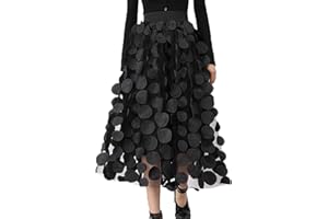 SSPALU Tulle Skirt Women 3D Polka Dot Elastic Waist Mesh Flowy A-Line Midi Skirts Wedding Halloween Party Outfit