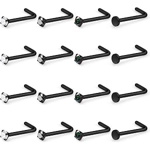 Ovxznts Black Nose Ring Surgical Steel Nose Rings Studs 22G 20G 18G L Shaped Nostril Piercings Cubic Zirconia Nostril Piercin