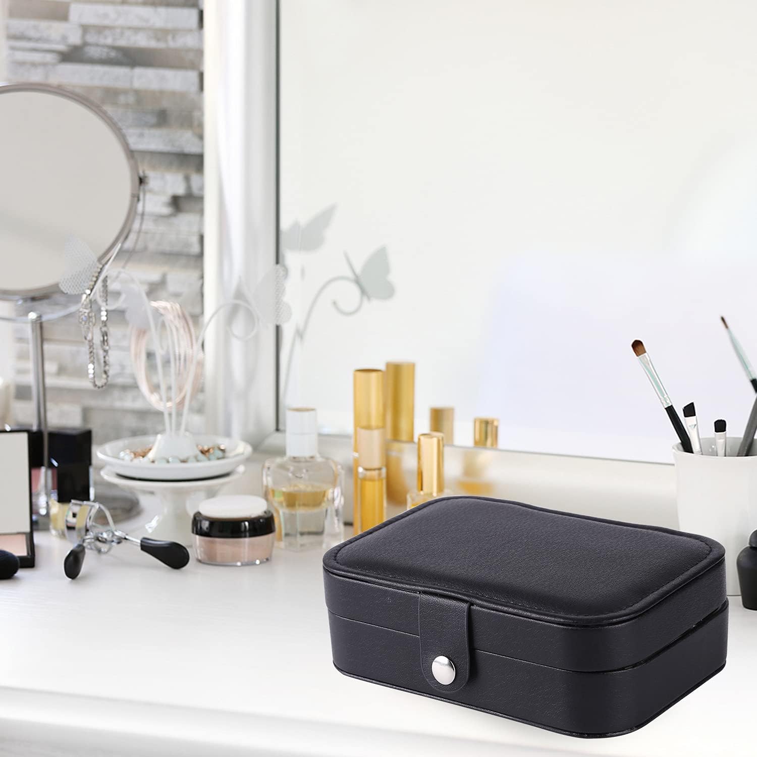 PU Square Jewelry Box Earring Organizer Necklace Bracelet Container (Black): Home Improvement