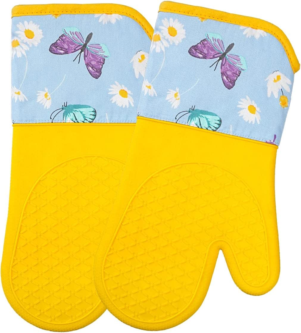Oven Gloves | Heavy Duty Waterproof & Heat Resistant Silicone Mitts with Cotton Liner | No More Burning your Hands | For Kitchen Cooking, Grilling & Baking (Butterfly Daisy)