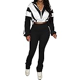 PUXOBYKU Women 2 Piece Tracksuit Long Sleeve Zip Drawstring Cropped Jacket Flared Leggings Outfits Jogger Sweatsuit Sets