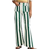 Kedera Women's Striped Pants Wide Leg Trousers Casual High Waisted Fun Pants Flare Jeans with Patched Pockets