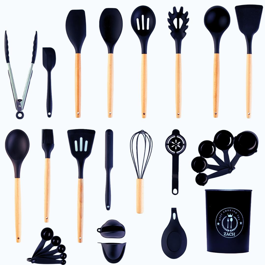 ZACH Silicone Kitchen Utensils Set with Holder, 26 Pieces Non-Stick Heat Resistant Cooking Utensil Set with Wooden Handle - Cookware Spoons Turners Tongs Ladle Spatula Set, Kitchen Accessories (Black)