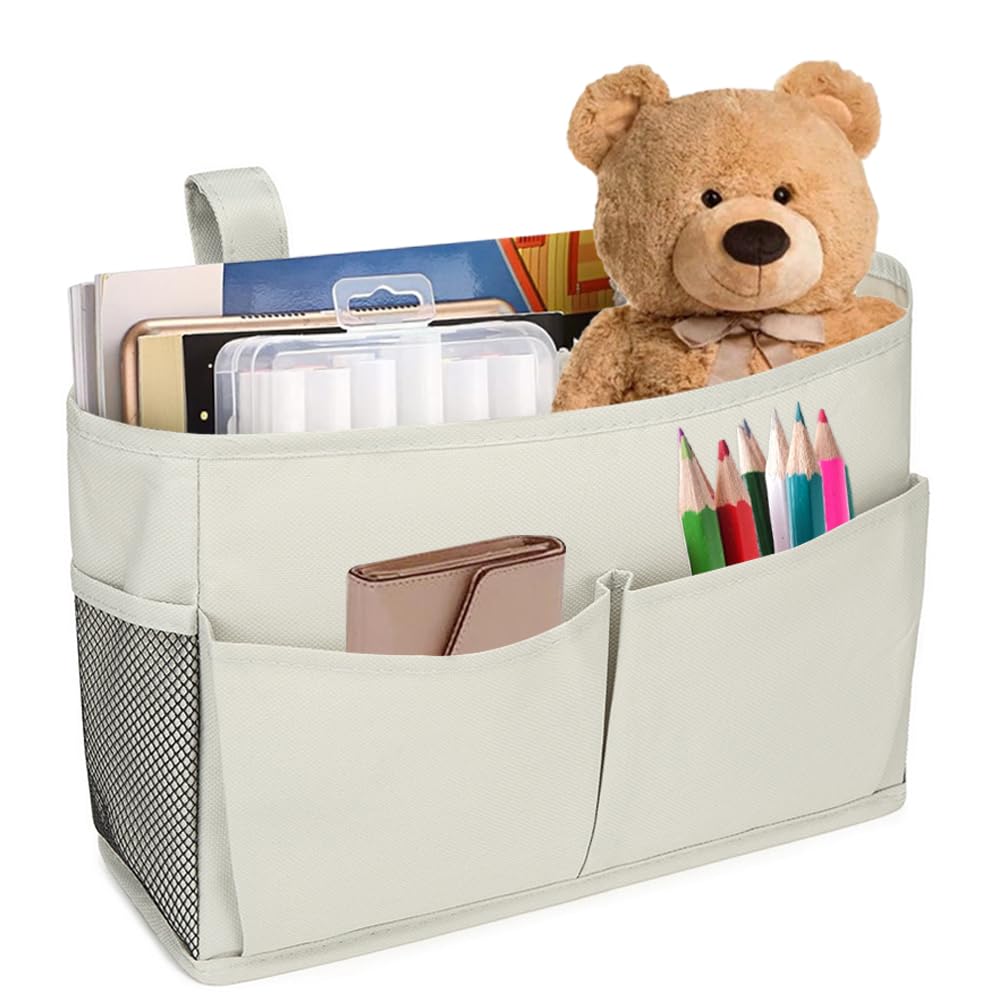 KUIZHEN Bedside Storage Pocket Basket, Multifunctional Bedside Bag with Adjustable Hanging Tape, Dormitory Bed Organiser Caddy for Home, Office, School Dorm Grey