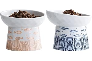 OMAYKEY Ceramic Raised Cat Bowls, Elevated Tilted Cat Food and Water Bowls Set, Porcelain Stress Free Pet Feeder Dish for Cats and Small Dogs, Dishwasher and Microwave Safe, Set of 2