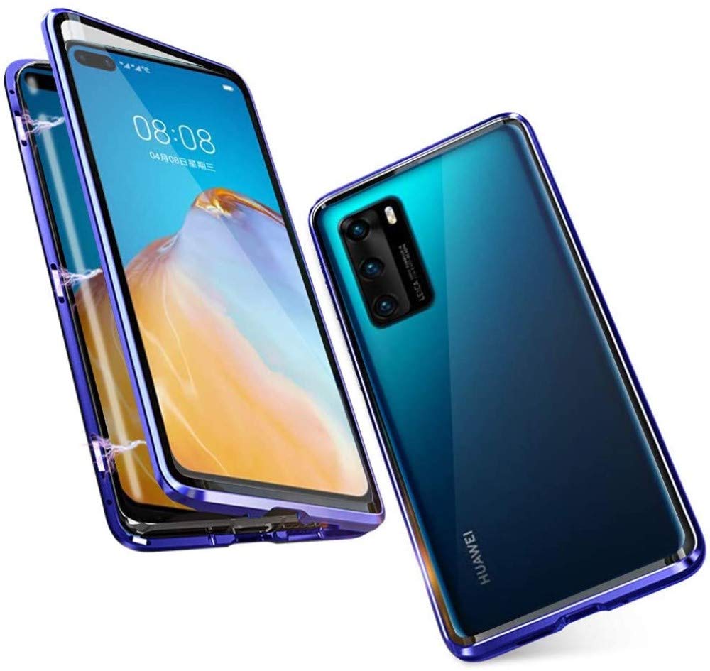 Case Compatible for Huawei P40 Cover Magnetic Adsorption Technology Metal Bumper Frame with Transparent Tempered Glass Full Body Screen Front and Back 360 Degrees Protection Case Cover,Blue