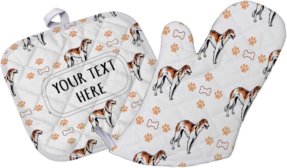 Style In Print Polyester Oven Mitt & Pot Holder Set Custom Borzoi Dog Bones Paws Pattern Adults Heat Resistant Pads