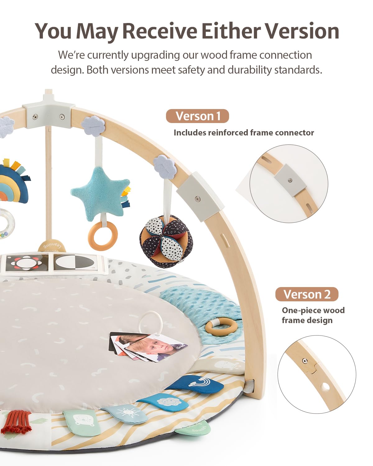 Blissful Diary Baby Play Gym & Activity Mat, 5 Developmental Zones Wooden Tummy Time Mat with 5 Detachable Sensory Toys for Motor Skills & Sensory Development, Baby Essentials Shower Gift