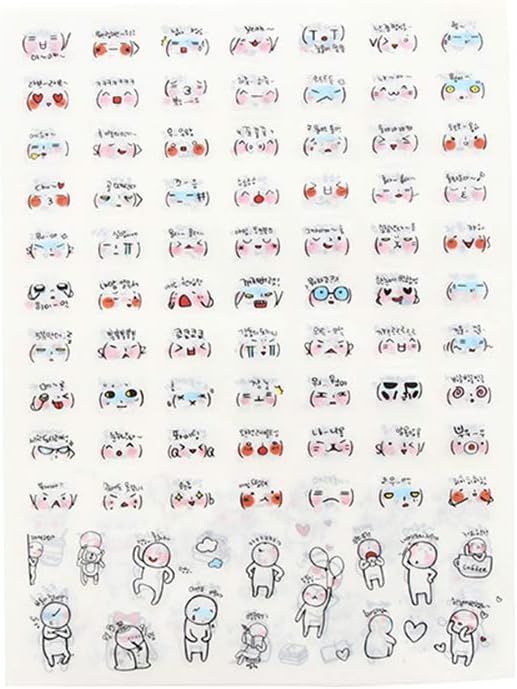 JUNGEN 4 Sheets Cute Emotion Paper Stickers Words Letters Album Decorative Stickers for Journal Notebook Scrapbooking Decoration 21.5cm*16cm