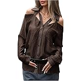MakeMeChic Women's Going Out Cold Shoulder Button Down Shirt Cut Out Long Sleeve Blouse Tops