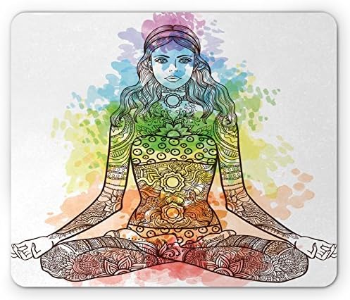 Yoga Mouse Pad Tattoo Mehndi Style Vintage Ornate Woman Figure in Lotus Pose Chakra Aura Watercolor Rectangle Non-Slip Rubber Mousepad, Multicolor
