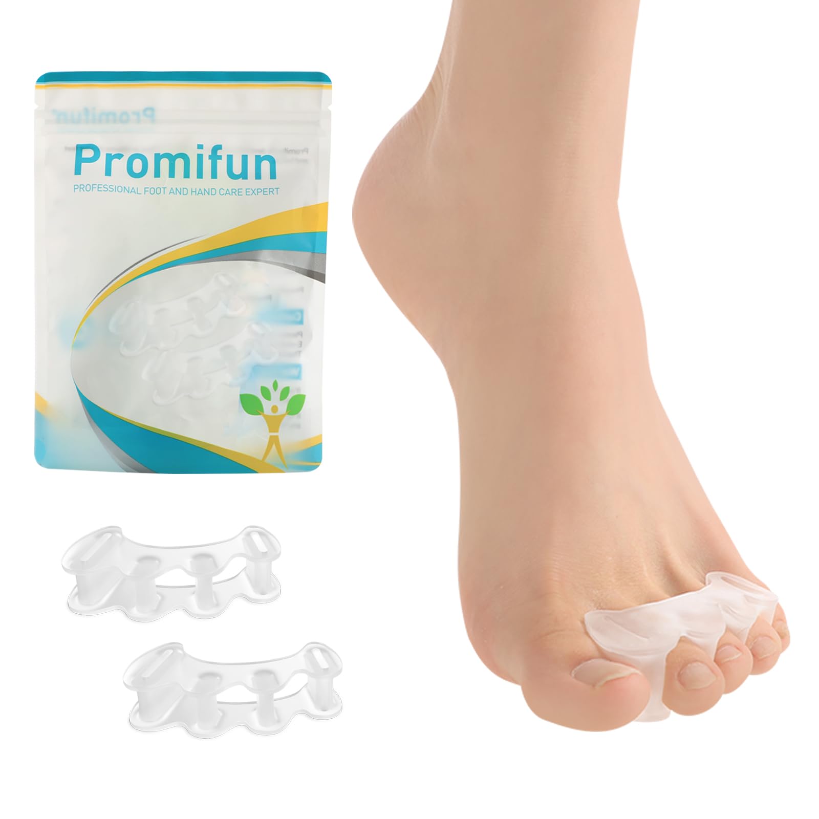 Promifun Toe Separators, 1 Pair of Soft Gel Toe Pads for Bunion Correction, Toe Stretcher for Relief of Plantar Fasciitis, Claw Toe, Hammer Toe and Foot Pain in Men and Women (Clear + S)