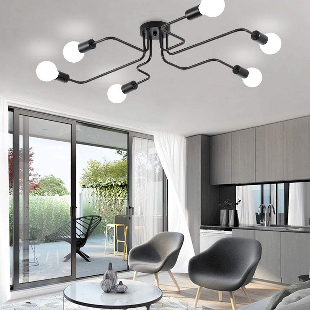 ZEEFO Flush Mount Ceiling Light Modern Art Vintage Sputnik Design Chandelier Metal Black Industrial Lighting Fixtures with 6 Lights E26 Bulb Base Suitable for Kitchen, Dining Room, Bedroom - - 