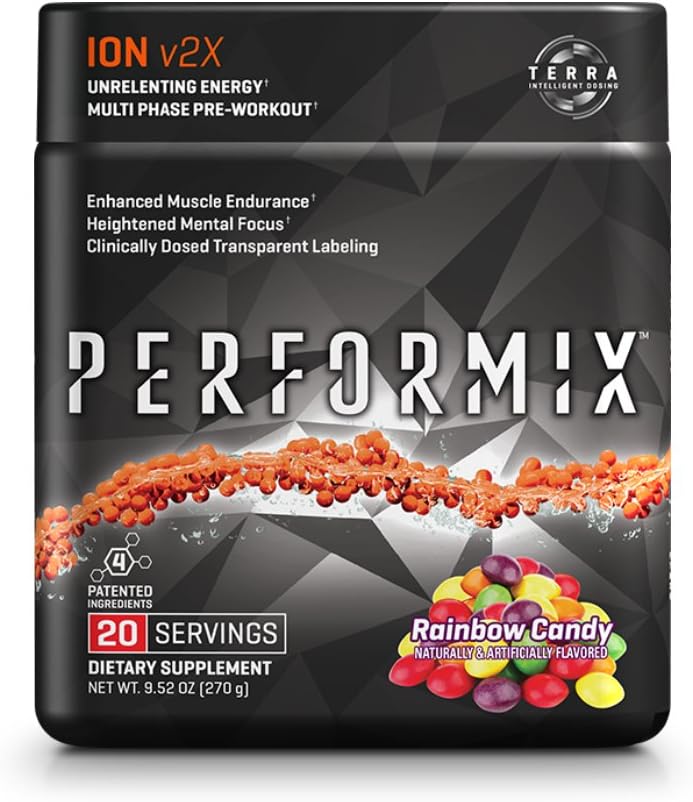 PERFORMIX ION v2X Multi-Phase PreWorkout - Unrelenting Energy, Enhanced Muscle Endurance, Clinically Dosed Transparent Labeling, 20 Servings, Rainbow Candy