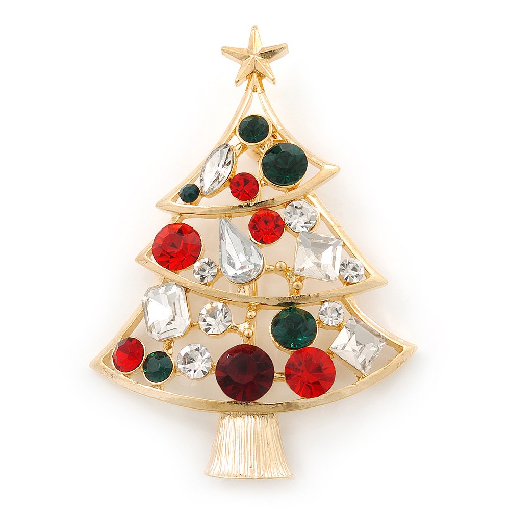 Holly Jolly Red, Green, Clear Austrian Crystals Christmas Tree Brooch In Gold Plating - 65mm Length