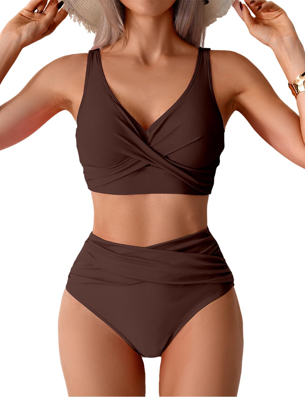 Photo 1 of Tainehs Women's Two Piece Bikini Sets V Neck Push Up Swimsuit High Waisted Tummy Control Bathing Suit Coffee