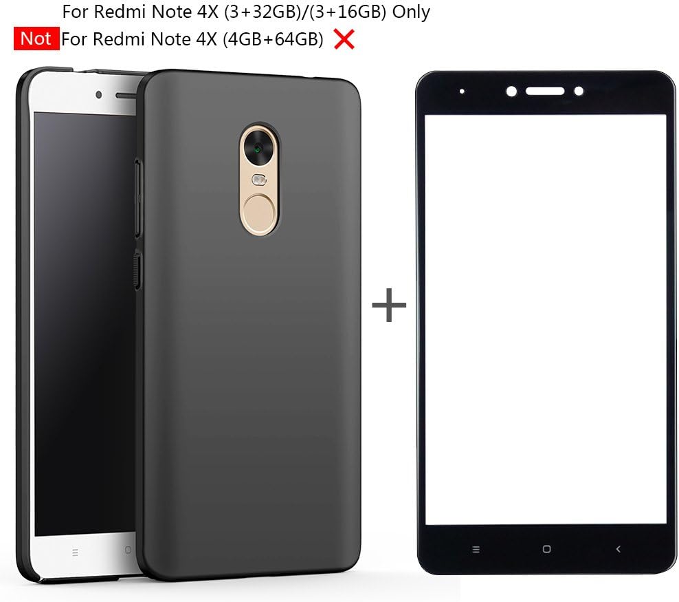 BLUGUL Xiaomi Redmi Note 4X Case(3+32GB)/(3+16GB) + Screen Protector, Ultra-Thin Slim, Fully Protective, Silk Feeling, Tempered Glass and Hard Cover for Redmi Note 4X(3+32GB)/(3+16GB) Black