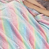 HLGBED Rainbow Star Kids Throw Blanket Gifts for Girls Child Rainbow Stars Glow in The Dark Blankets for Girls Boys Teens Child Birthday Halloween Christmas Decor 50x60 Pink and Blue