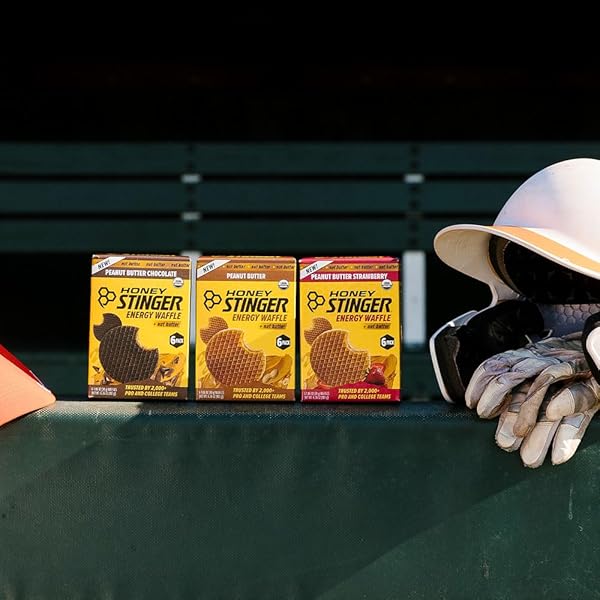 HONEY STINGER ORGANIC PEANUT BUTTER ENERGY WAFFLE VARIETY PACK OF 18, 6 PACK EACH OF PEANUT BUTTER, PB CHOCOLATE AND PB STRAWBERRY, NUTRITIOUS STROOPWAFEL SNACK FOR EXERCISE, ENDURANCE AND PERFORMANCE