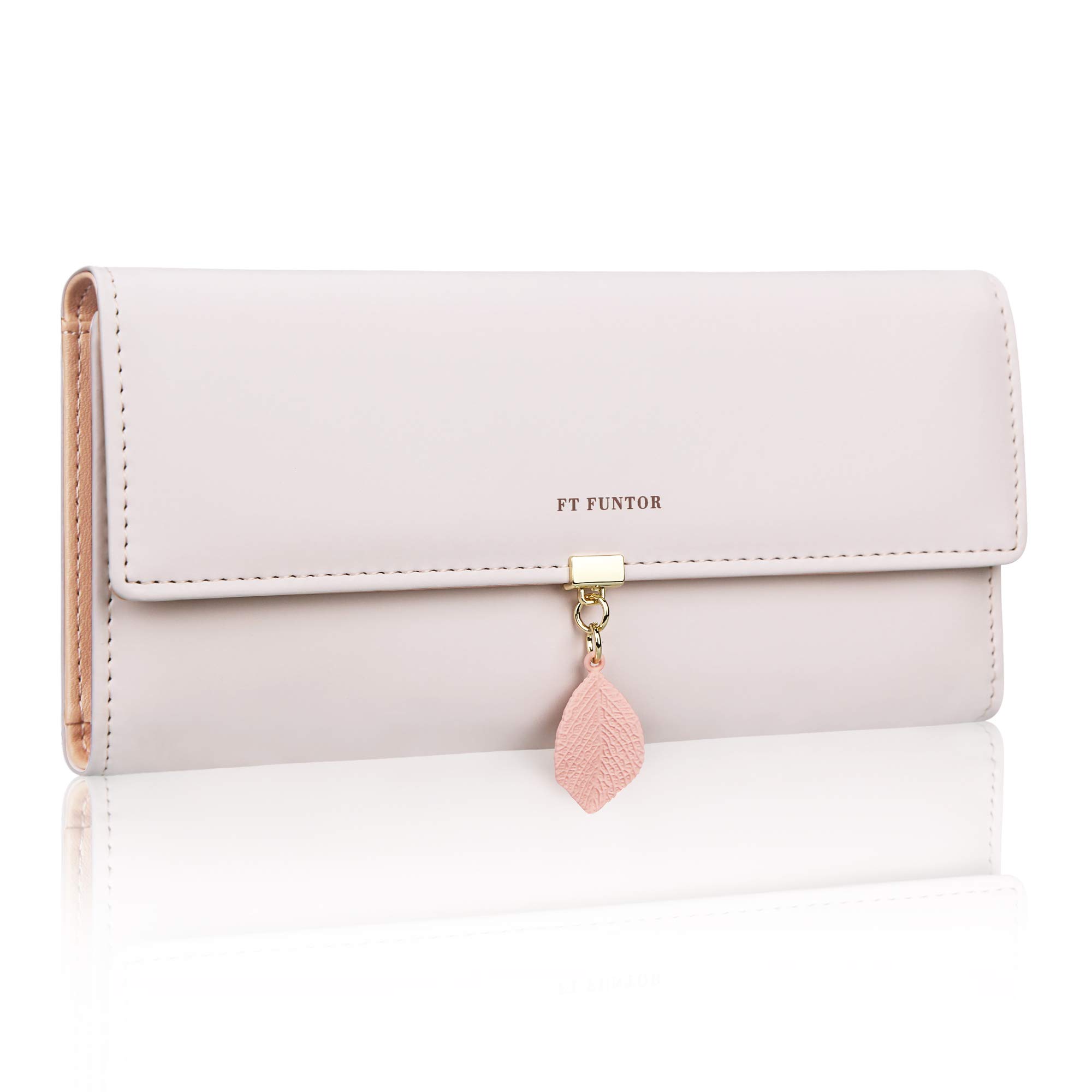 FT FUNTOR PU Leather Wallet for Women RFID Blocking Ladies Leaf Pendant Coin Zipper Long Purse with Multiple Card Slots and Card Holders Phone Pocket (L-Purple White)