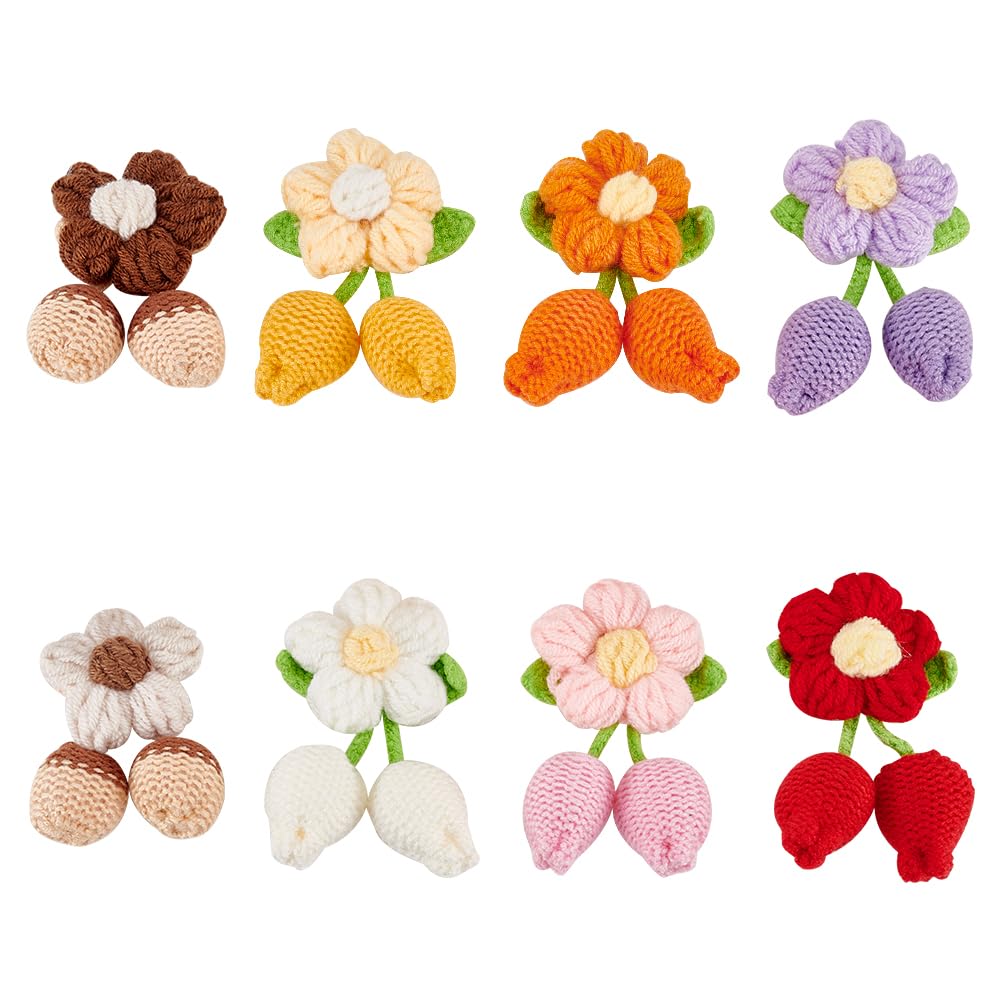 FINGERINSPIRE 8 Pcs Crochet Knitted Puff Flower 66x42x21mm 8 Colors Handmade Crochet Cotton Flower Ornaments 5-Petal Flower with 2 Buds Pendant Cherry Flower for Key Chain Bag Costume DIY Craft