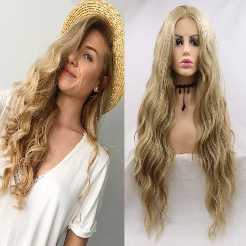 Xiweiya Blonde Curly Lace Front Wigs Long Loose Wavy Sand Blonde Synthetic Lace Front Wig Natural Looking Heat Resistant Hair 180% Density Hair-replacement Glueless Wigs For Women Halloween Wig 24inch